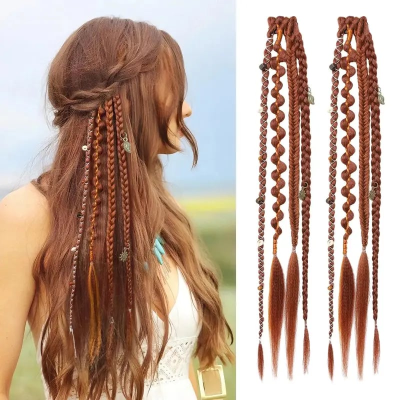🌿🎨 Boho-flettede clip-in-fletter med perler – Enkel forvandling av frisyren til festivaler og hverdagsbruk (✨2 stk.)