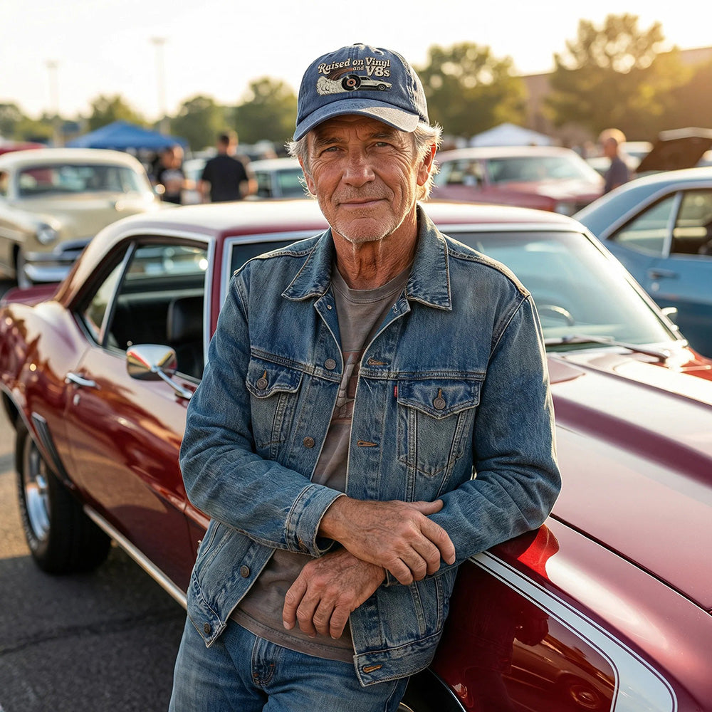 🏽Siste dag med 49 % rabatt – «Raised on Vinyl and V8s» – den broderte klassiske capsen for bilentusiaster
