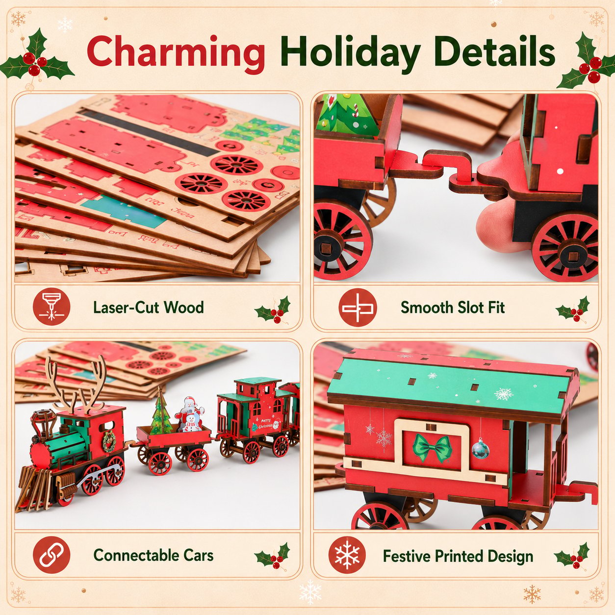 🎄SISTE DAG 50 % RABATT – DIY-jule-togsett i tre – 3D-monteringspuslespill