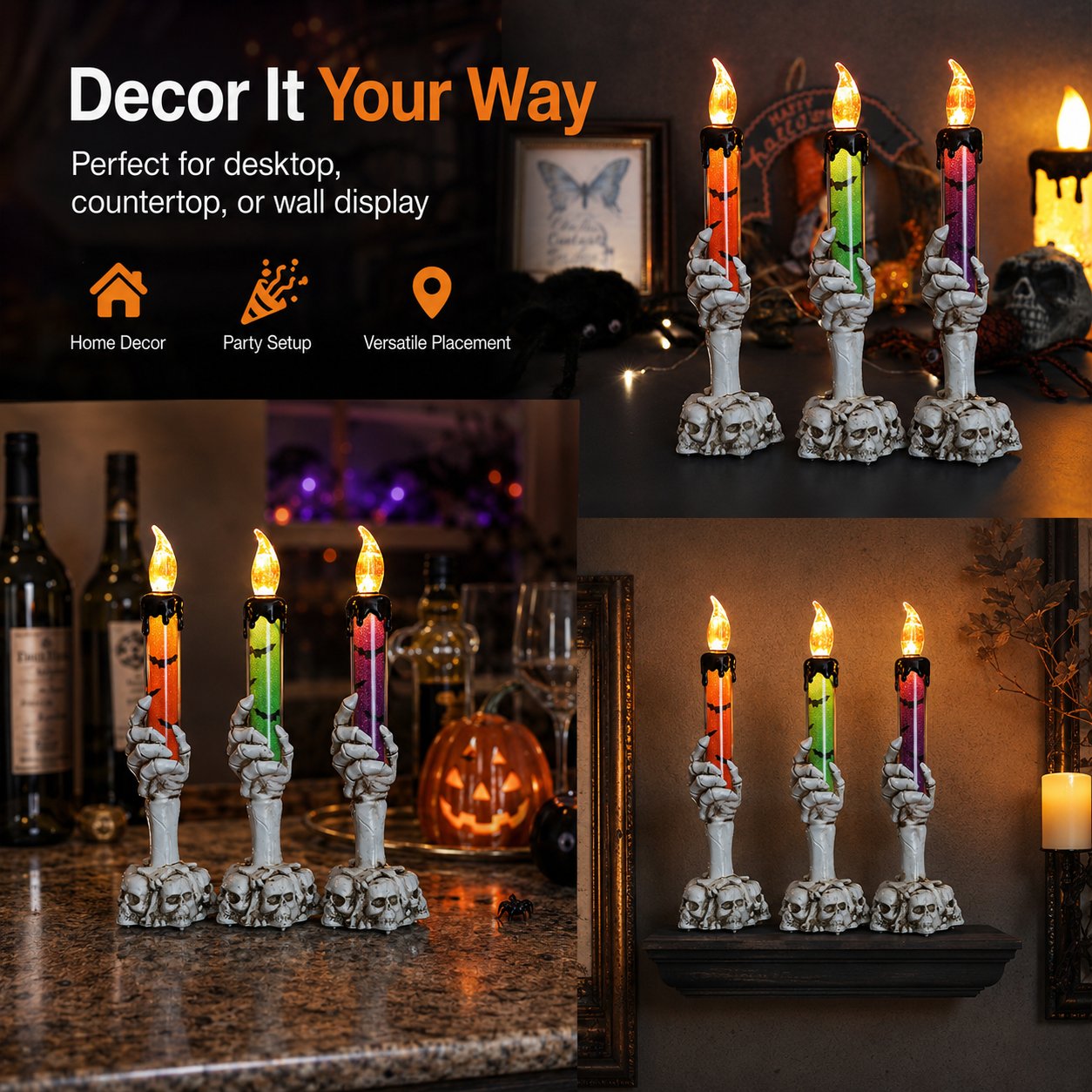 🎃 Siste dag med 50 % rabatt – LED-lysett med glitter i form av et skjelett, hodeskalle og hånd til Halloween