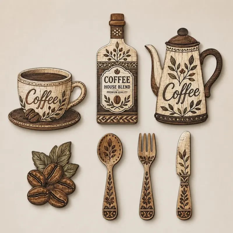 7-delers sett med veggdekorasjoner i tre til kjøkkenet med kaffemotiv – veggkunst i vintage-bondegårdsstil med kaffetema
