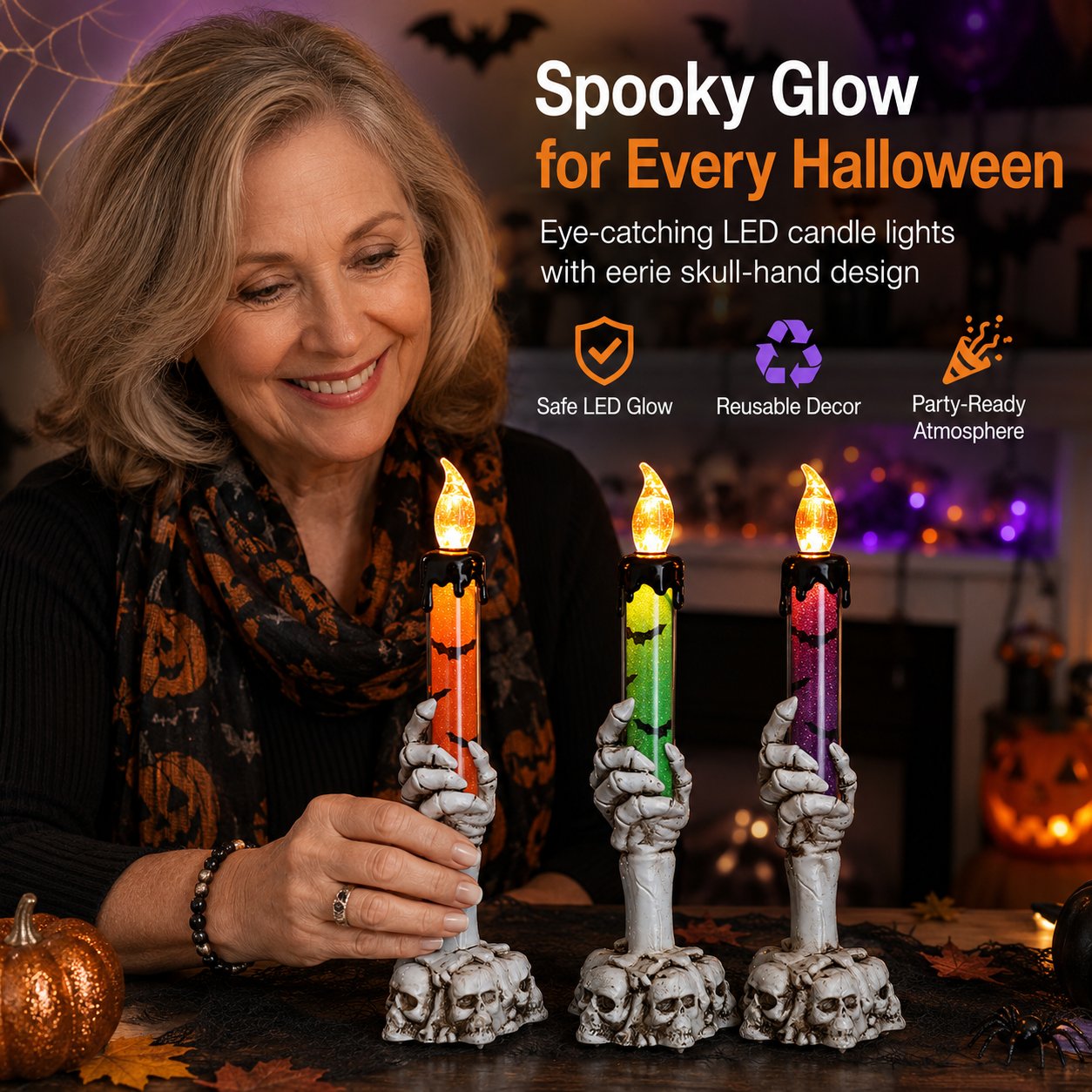 🎃 Siste dag med 50 % rabatt – LED-lysett med glitter i form av et skjelett, hodeskalle og hånd til Halloween