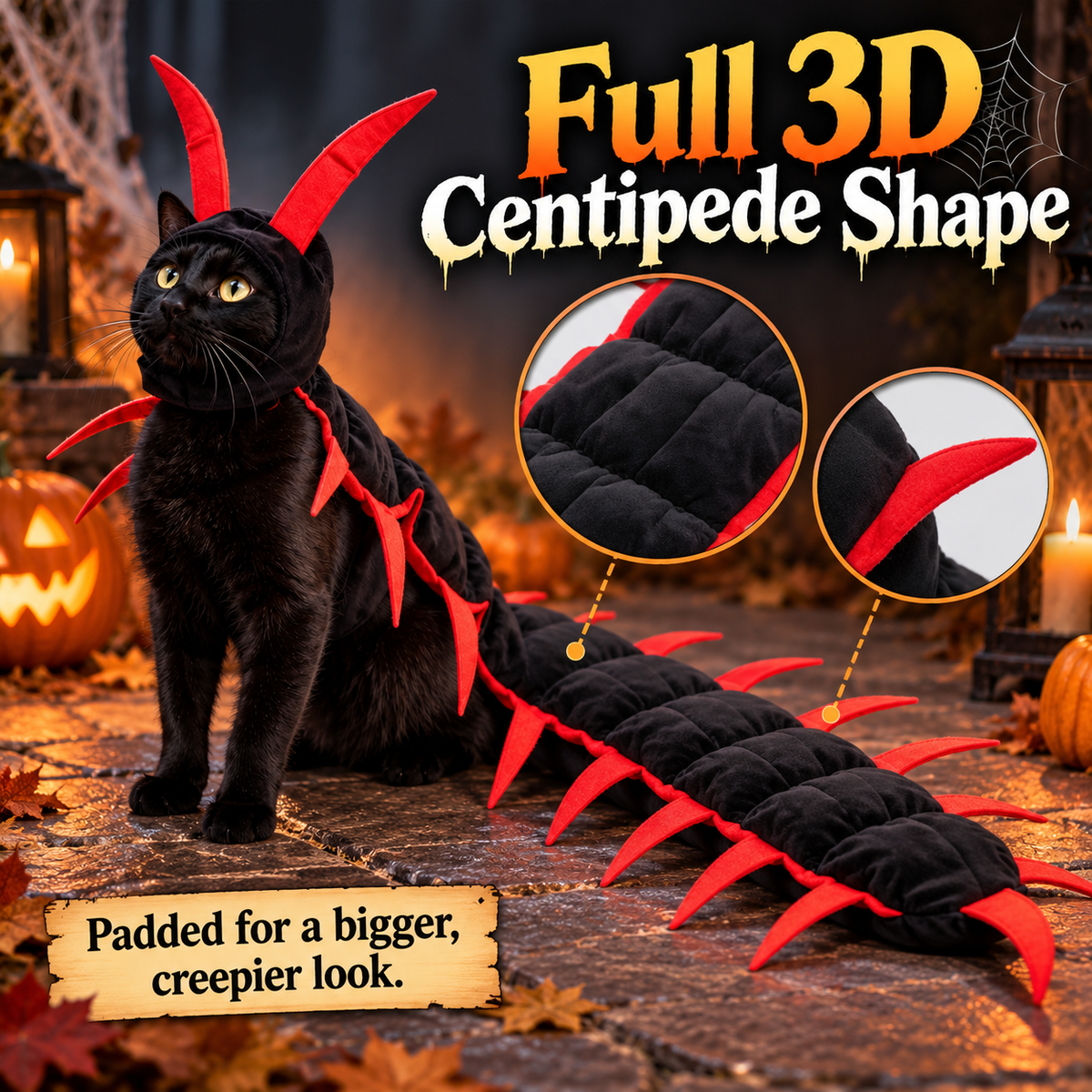 🎃 Skummelt og søtt Halloween-tusenbeinkostyme til kjæledyr – 3D-krypende antrekk for hunder og katter 🐾