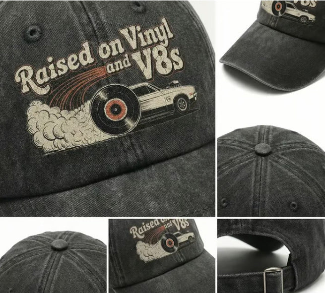 🏽Siste dag med 49 % rabatt – «Raised on Vinyl and V8s» – den broderte klassiske capsen for bilentusiaster