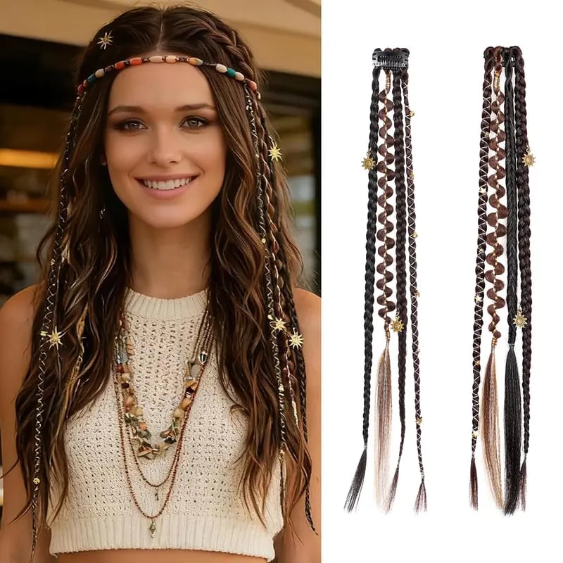 🌿🎨 Boho-flettede clip-in-fletter med perler – Enkel forvandling av frisyren til festivaler og hverdagsbruk (✨2 stk.)