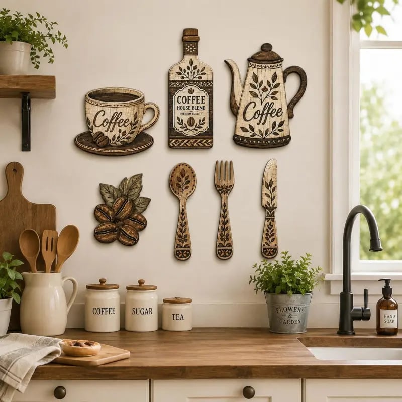 7-delers sett med veggdekorasjoner i tre til kjøkkenet med kaffemotiv – veggkunst i vintage-bondegårdsstil med kaffetema