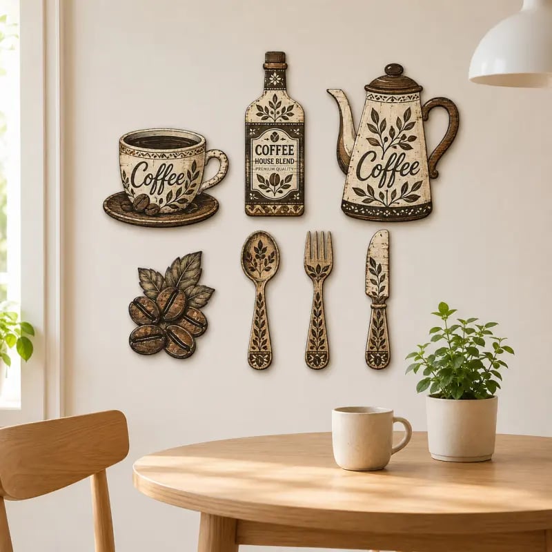 7-delers sett med veggdekorasjoner i tre til kjøkkenet med kaffemotiv – veggkunst i vintage-bondegårdsstil med kaffetema