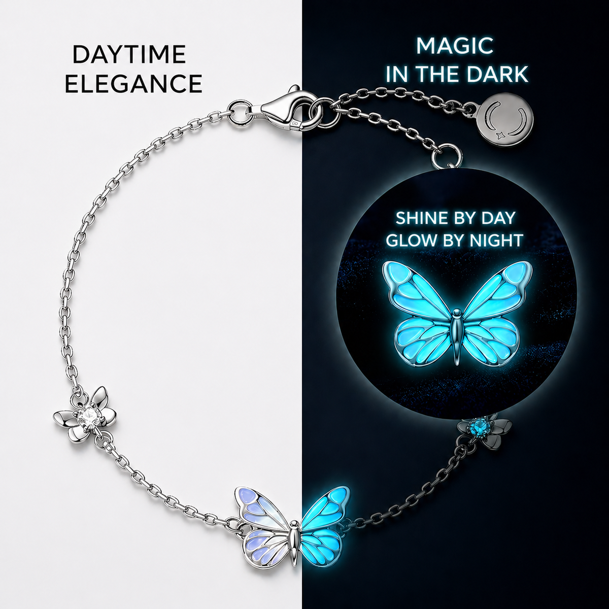 🦋💙Sett med lysende sommerfugl-anhengskjede og armbånd