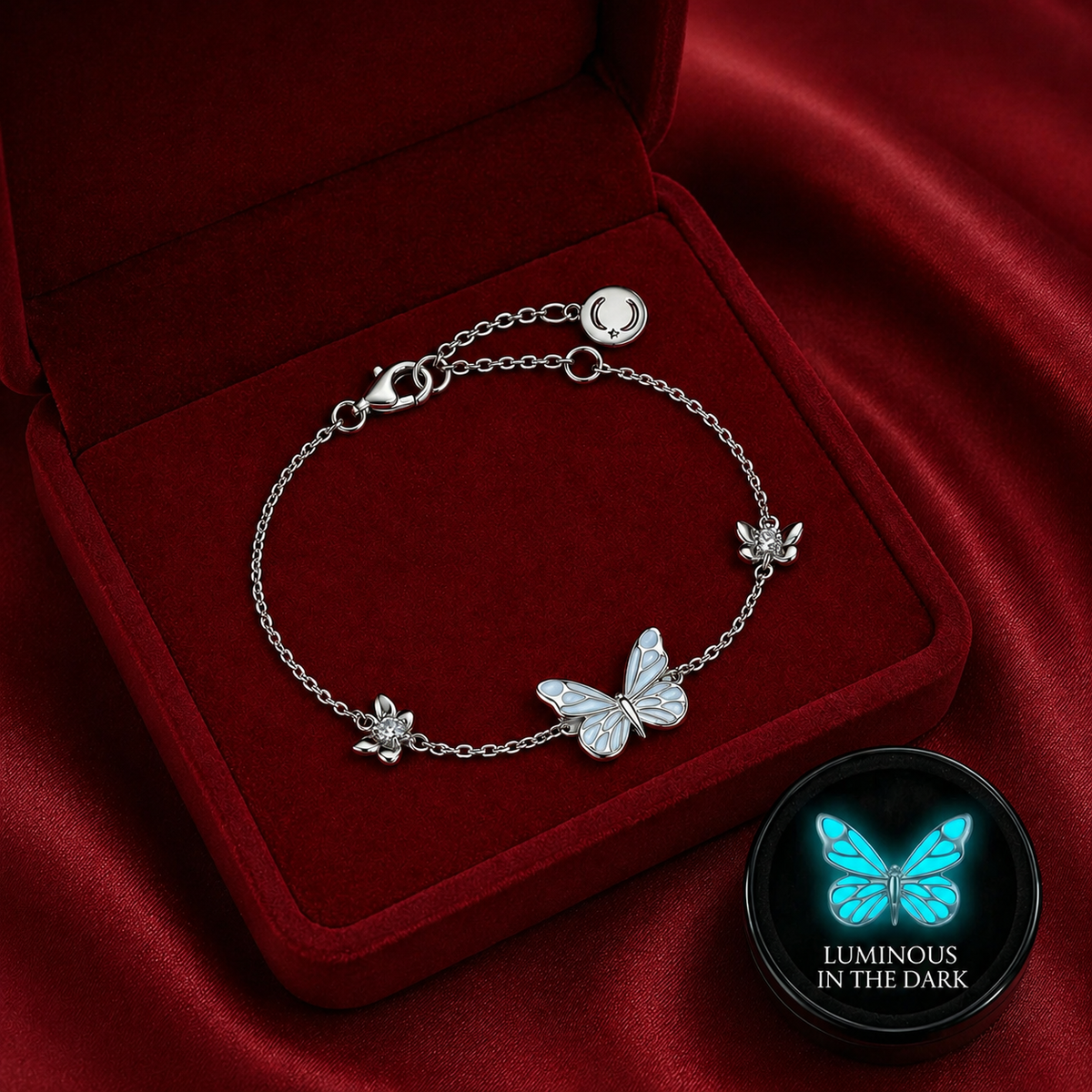 🦋💙Sett med lysende sommerfugl-anhengskjede og armbånd