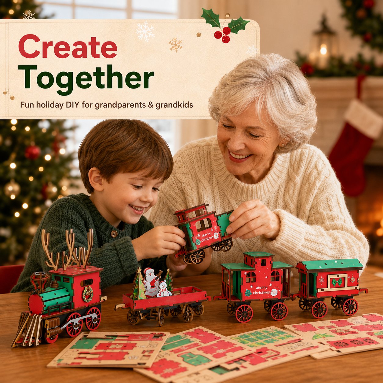 🎄SISTE DAG 50 % RABATT – DIY-jule-togsett i tre – 3D-monteringspuslespill