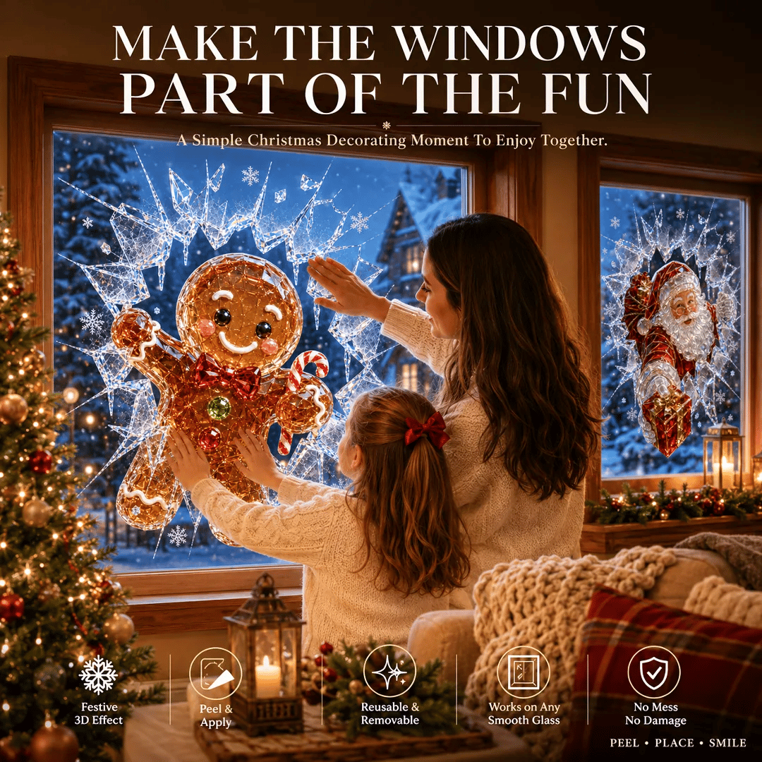🔥HELT SALG 49 % RABATT✨🎄Krystalljuleinnbruddsvinduklistremerke — 3D-julevindudekorasjon av knust glass