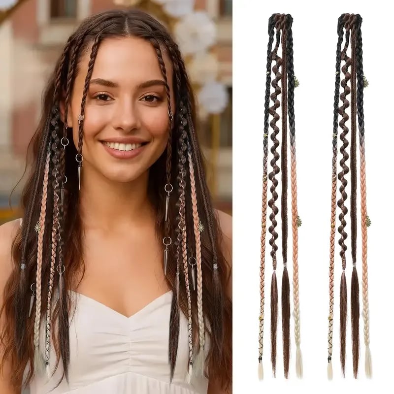 🌿🎨 Boho-flettede clip-in-fletter med perler – Enkel forvandling av frisyren til festivaler og hverdagsbruk (✨2 stk.)