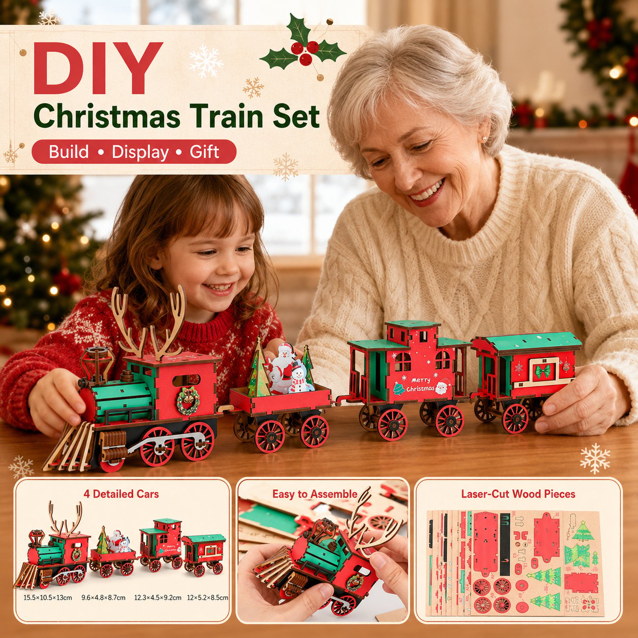 🎄SISTE DAG 50 % RABATT – DIY-jule-togsett i tre – 3D-monteringspuslespill