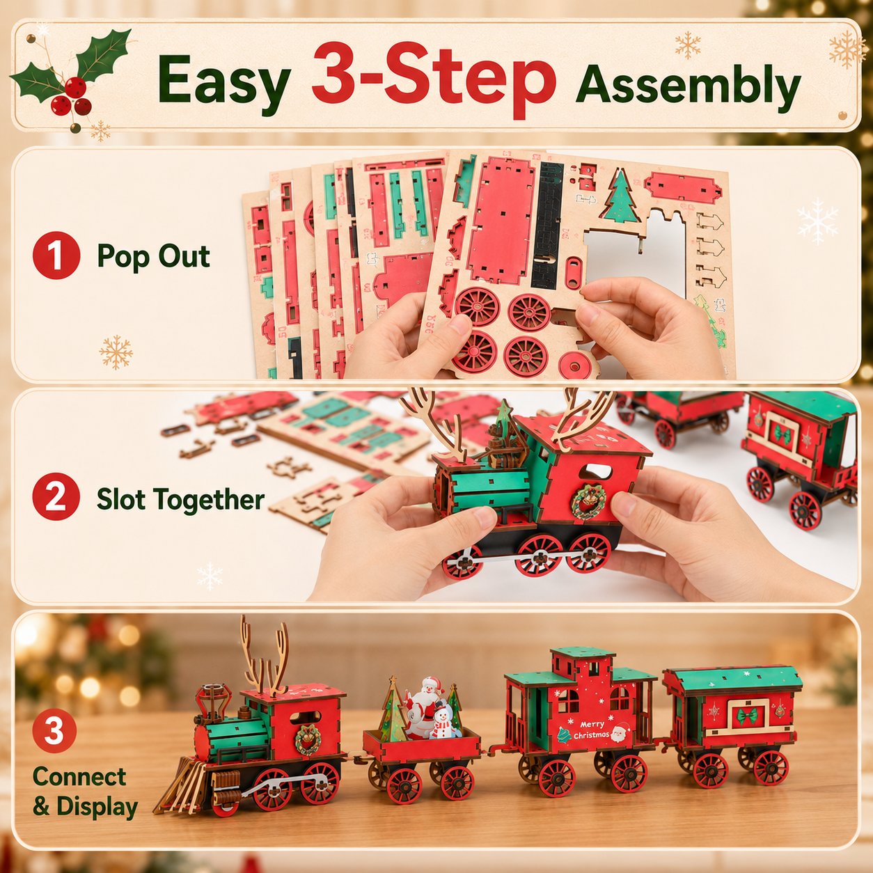 🎄SISTE DAG 50 % RABATT – DIY-jule-togsett i tre – 3D-monteringspuslespill